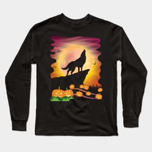 Wolf Dog On Mountain With Moon Pumpkins Bat Halloween Day Long Sleeve T-Shirt